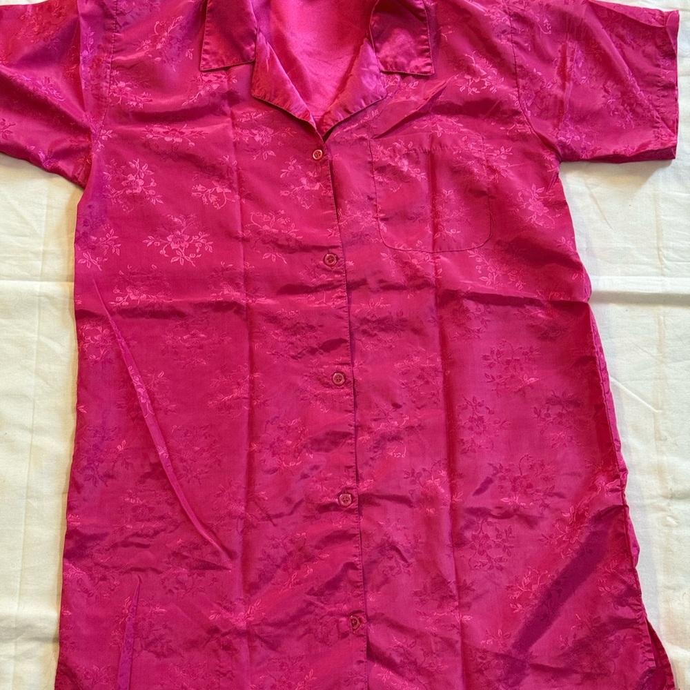 Vtg Audrey Lane Satin Jacquard Pajama  Pink Floral Button Down M Short Dress